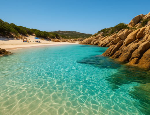 Spiaggia di Smeralda: Vista mozzafiato sulla costa con acqua cristallina, sabbia bianca e rocce naturali, ideale per viaggi e relax.