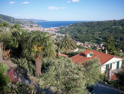 Vista panoramica di Sognando Villa Edera, con vegetazione lussureggiante, case con tetti rossi e il mare sullo sfondo.