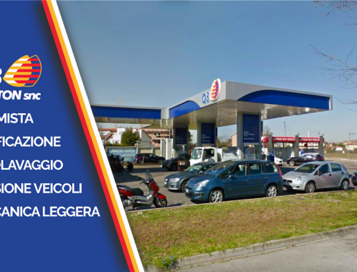 Stazione di Servizio Q8 di Fabrizio Pitton: distributore di benzina con servizi di gommista, sanificazione, autolavaggio, revisione veicoli e meccanica leggera. Presente anche una moto scooter.