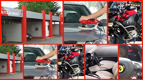 Superwash Srl: Immagine composita che mostra un autolavaggio self-service, la lucidatura di un'auto, una moto BMW e interni auto di lusso.