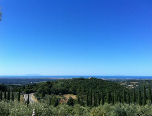 Panoramica mozzafiato sulla Toscana per tour in moto: cielo azzurro, vegetazione lussureggiante e vista mare. Vivi l'avventura su due ruote!