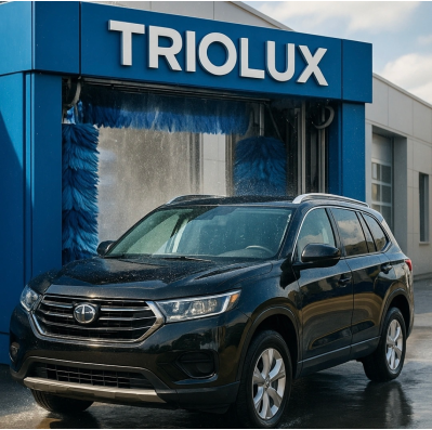 Auto nera in un autolavaggio Triolux con spazzole blu, servizio rapido e accurato per la pulizia della tua auto