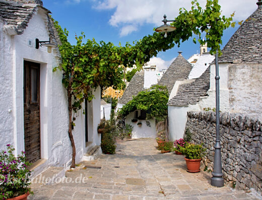 Alberobello Trulli resort street view with unique conical-roofed houses, whitewashed walls, stone paving, and lush green vines, offering a charming travel destination.