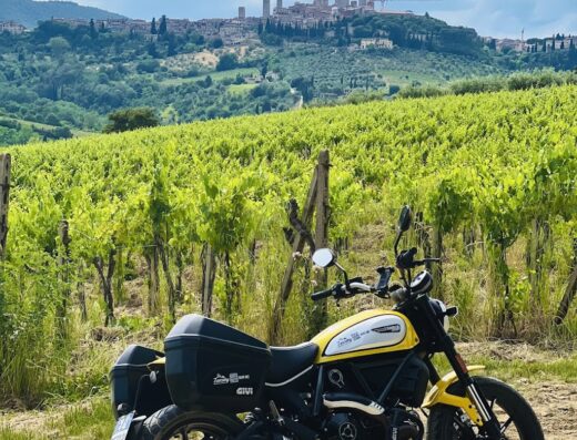 Noleggio moto in Toscana: Ducati Scrambler gialla con bauletti GIVI parcheggiata tra i vigneti, sullo sfondo San Gimignano. Tour in moto.