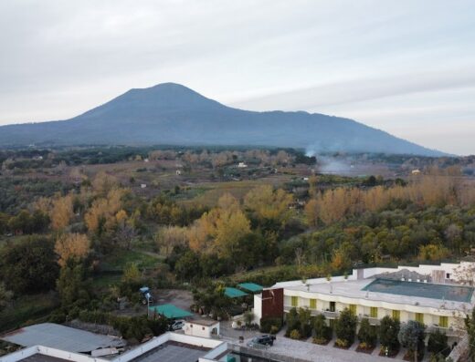 Veduta aerea del Vesuvio Inn Bed & Wine Experience, con il Vesuvio sullo sfondo, che offre un soggiorno unico con degustazione di vini.