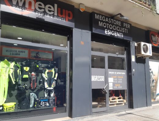 Wheelup store front, passion for two wheels, megastore for demanding motorcyclists, motorcycle accessories and clothing shop.