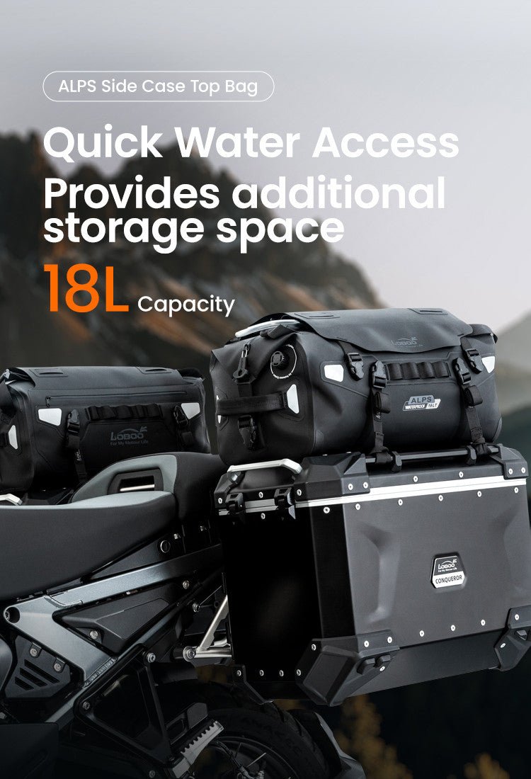 Borsa Posteriore aggiuntiva 18L TPU LOBOO ALPS 2 Borsa posteriore aggiuntiva da moto LOBOO ALPS 18L in TPU nero, ideale per viaggi e accessori moto, montata su portapacchi posteriore, per motociclisti che necessitano di spazio extra.