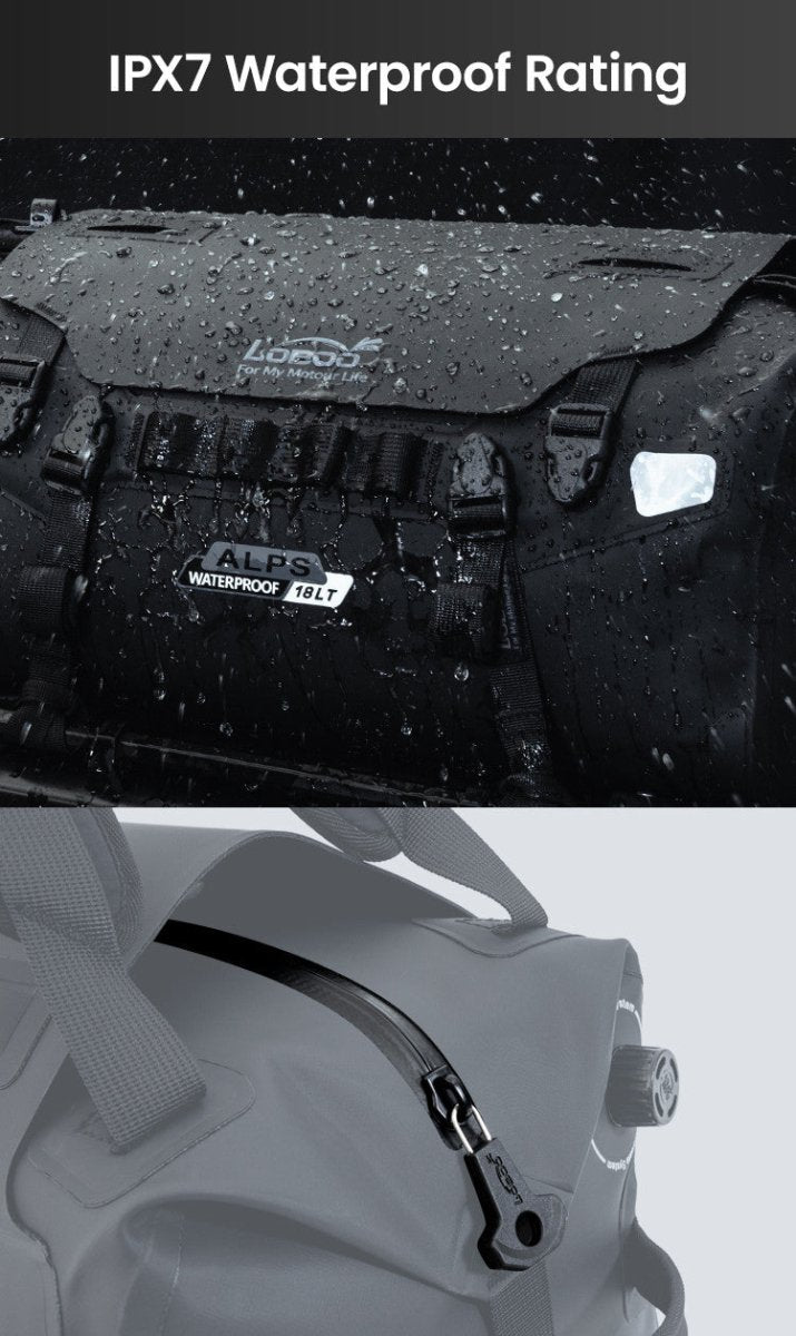 Borsa Posteriore aggiuntiva 18L TPU LOBOO ALPS 3 Borsa posteriore impermeabile 18L TPU LOBOO ALPS per moto da turismo, ideale per viaggi e avventure in moto, accessorio essenziale per motociclisti.
