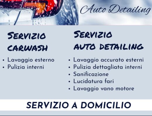 Locandina di servizi di car wash e auto detailing professionale con lavaggio esterno, pulizia interni e sanificazione, incluso servizio a domicilio.