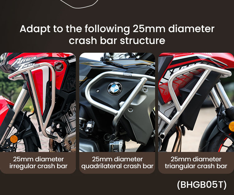 Tre tipi di barra paramotore da 25 mm compatibili con le borse gonfiabili moto LOBOO BHGB05T: irregolare, quadrangolare e triangolare