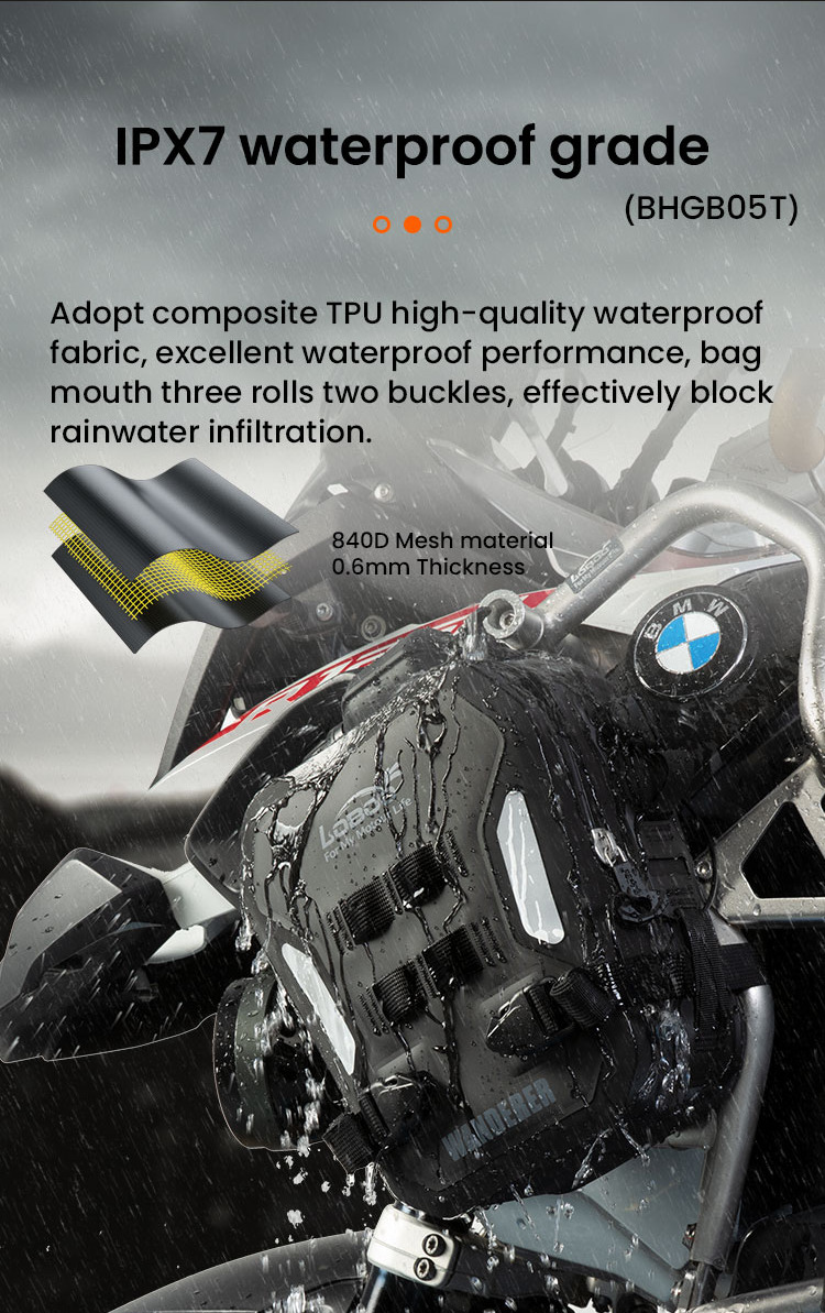 Borse gonfiabili moto LOBOO BHGB05T sotto la pioggia su BMW GS: tessuto TPU su rete 840D con grado IPX7