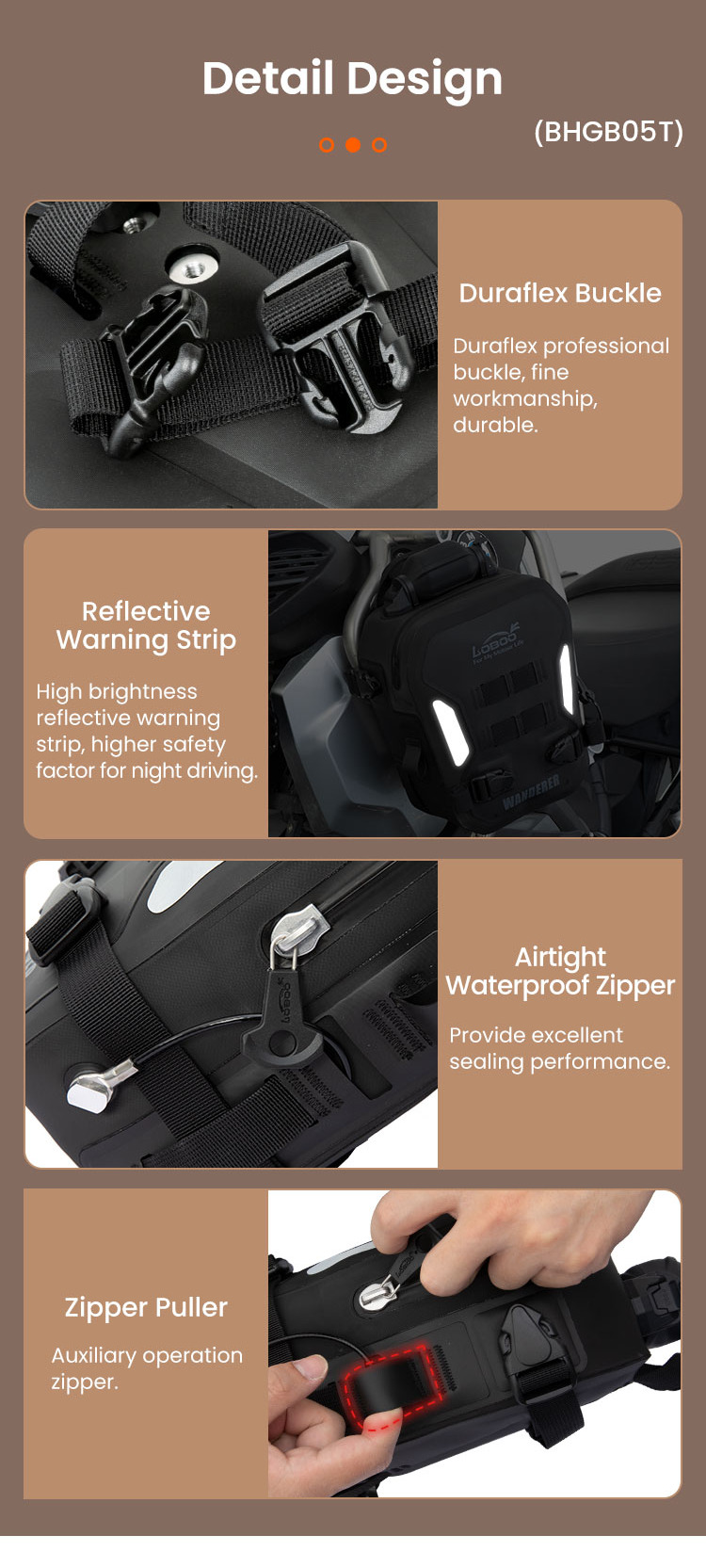 Dettagli costruttivi delle borse gonfiabili moto LOBOO BHGB05T: fibbia Duraflex, inserto riflettente, zip stagna e tirazip ausiliario